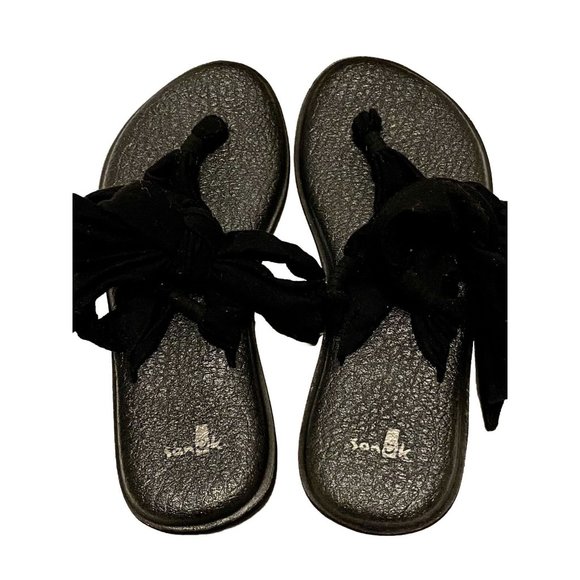 Sanuk Women 7 Black Sandals Yoga Mat Sling Slingback Ankle Tie Up Casual Flats - Picture 1 of 6